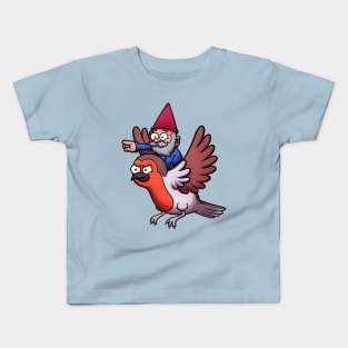 Garden Gnome Riding A Flying Red Robin Bird Kids T-Shirt